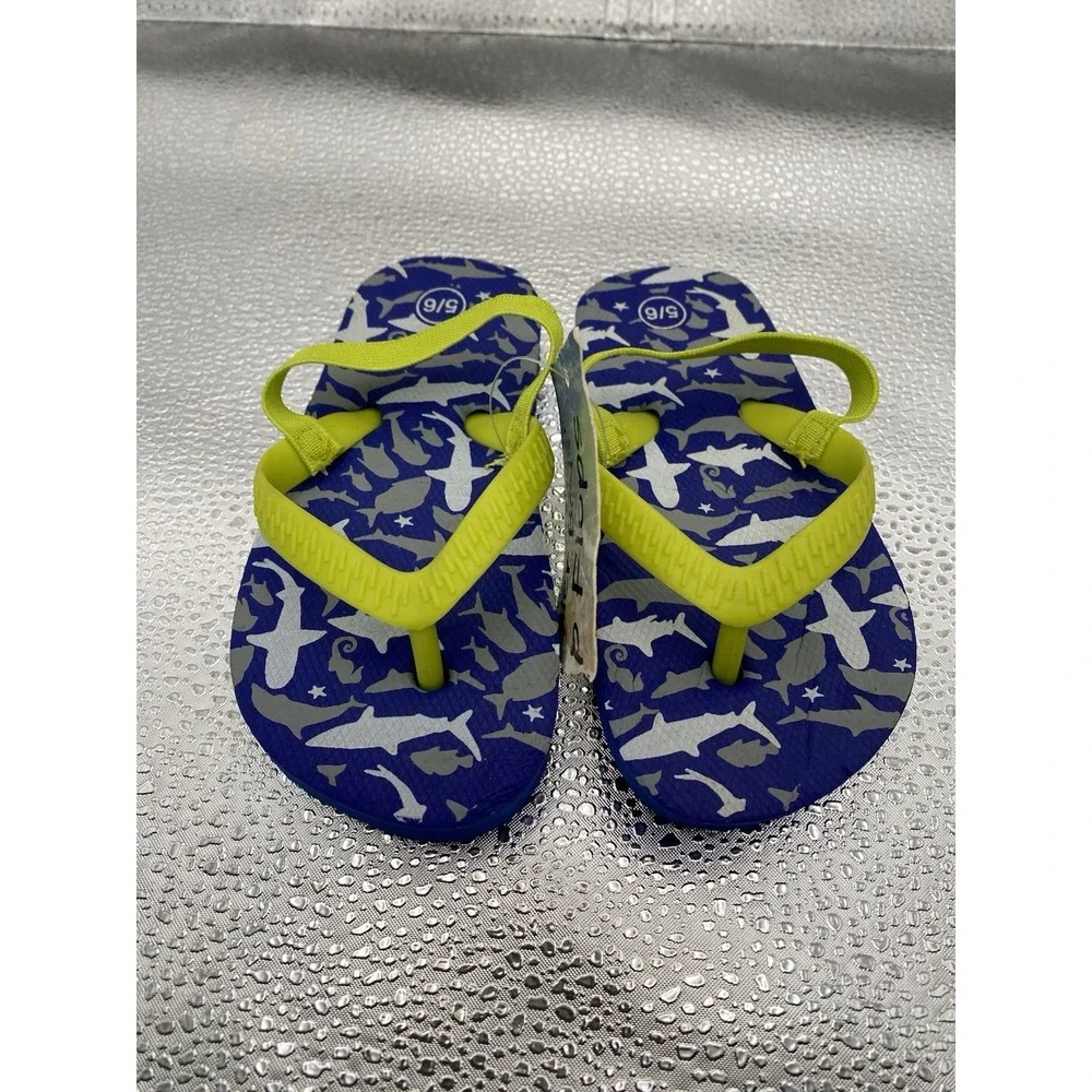 Shark Print‎ Kids Blue Yellow Flip Flop Sandals Adjustable Strap Size 5/6